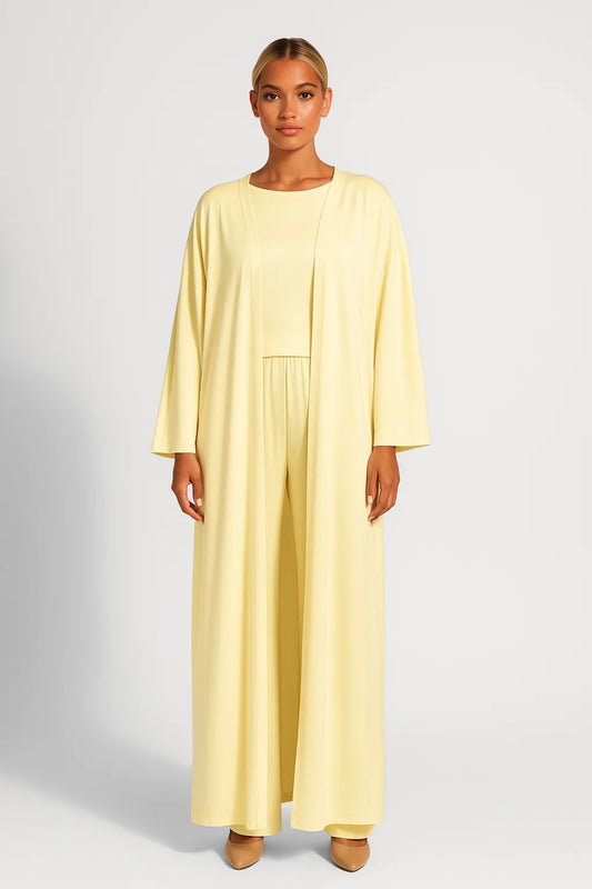 Completo tre pezzi con cardigan lungo, top e pantaloni coordinati