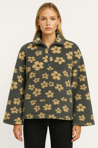 Felpa in pile con zip e fantasia floreale | Calda e casual