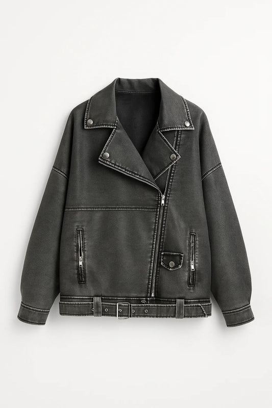Giacca biker con zip obliqua e cintura | Stile urbano e rilassato