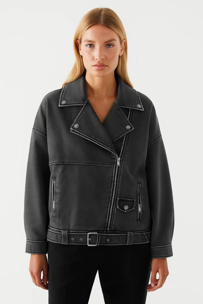 Giacca biker con zip obliqua e cintura | Stile urbano e rilassato