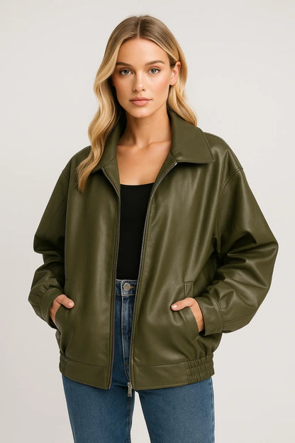 Giacca con Zip Donna | Oversize | Aspetto Pelle Resistente per Mezza Stagione