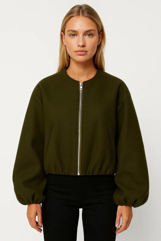 Giacca corta con zip e maniche a palloncino | Look moderno e pulito