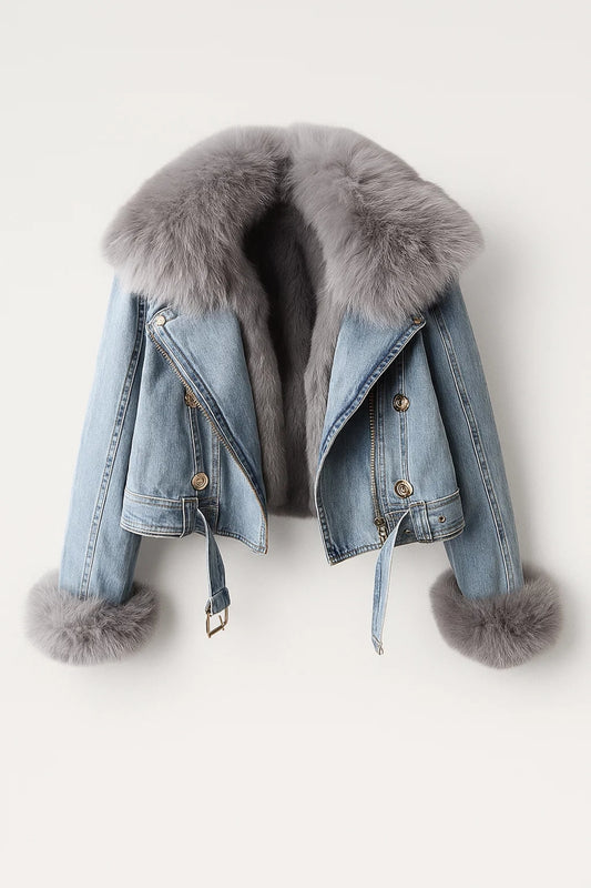 Giacca corta in denim con colletto in eco pelliccia