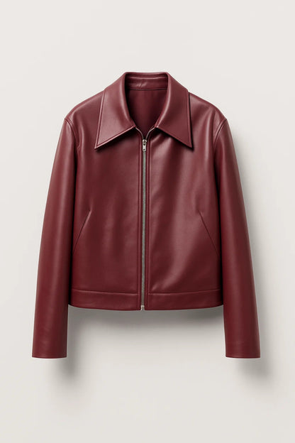 Giacca corta in ecopelle bordeaux | Colletto classico | Look elegante e moderno