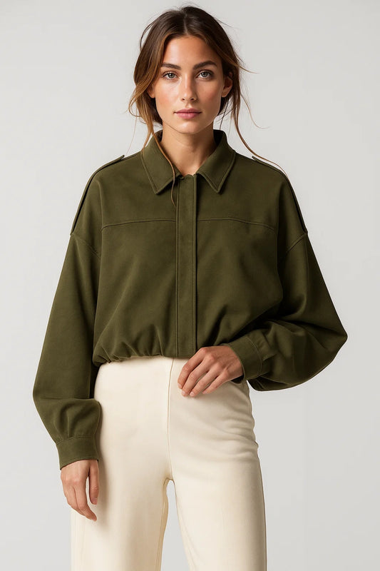 Giacca oversize verde oliva | Colletto classico | Stile rilassato e moderno