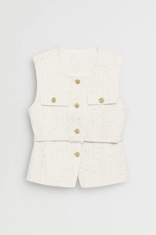 Gilet senza maniche con cintura e bottoni decorativi