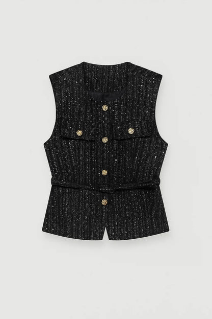 Gilet senza maniche con cintura e bottoni decorativi