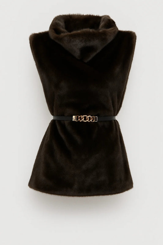 Gilet senza maniche con collo morbido e cintura decorativa