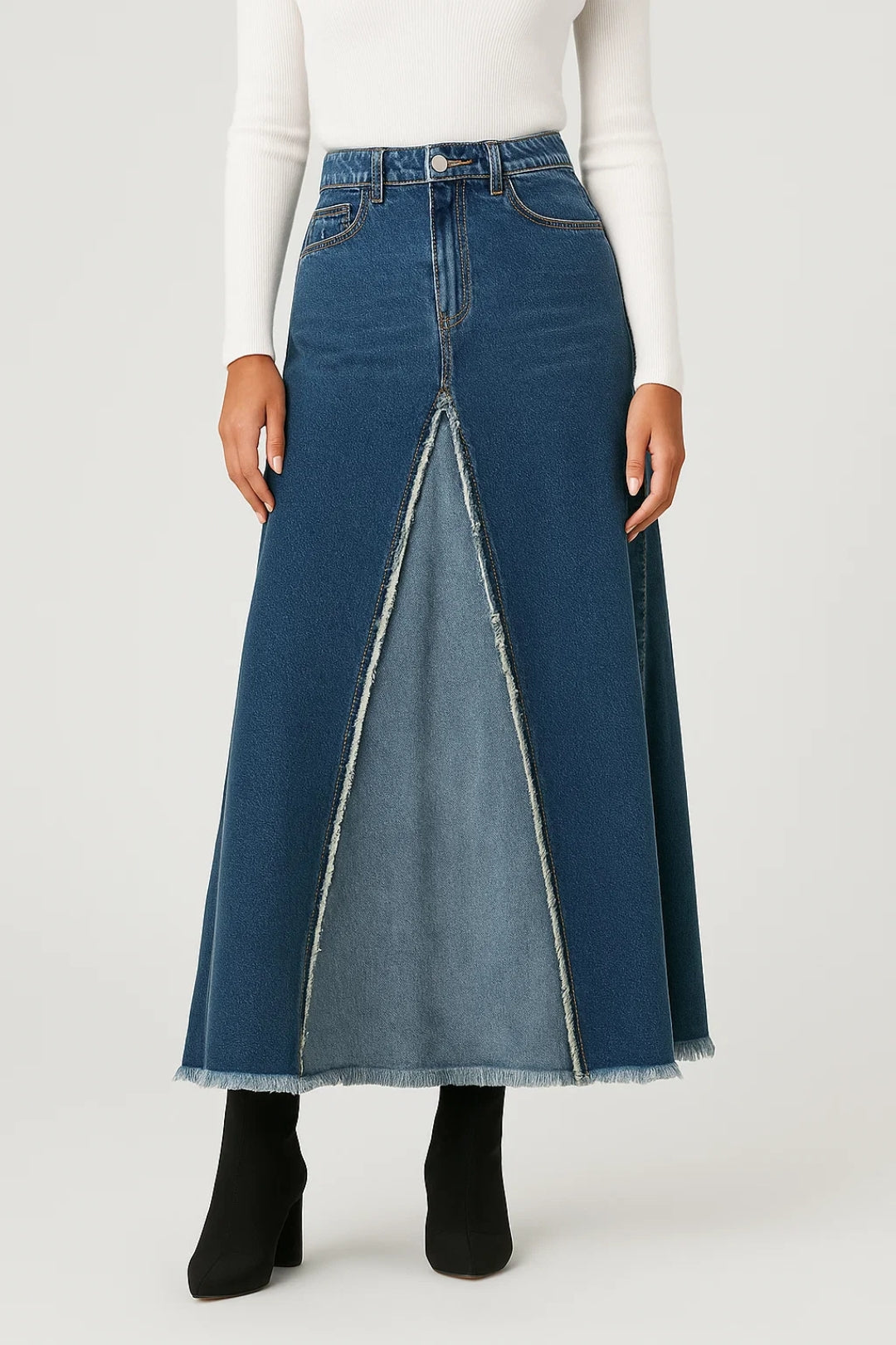 Gonna lunga in denim con inserto frontale a contrasto