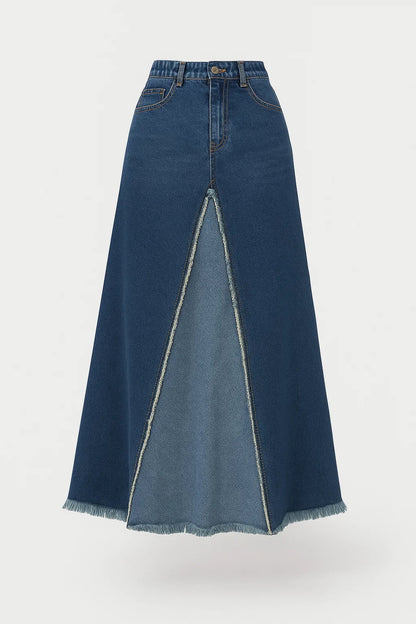 Gonna lunga in denim con inserto frontale a contrasto