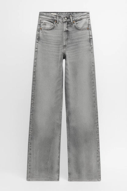 Jeans a gamba larga a vita alta con effetto slavato