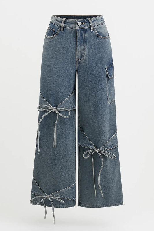 Jeans a gamba larga con fiocchi decorativi