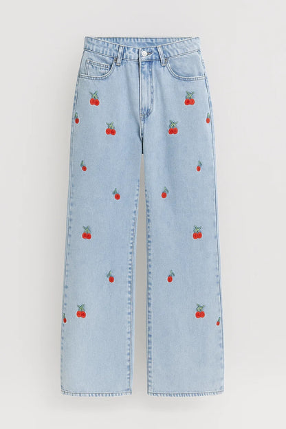 Jeans a gamba larga da donna con ricami decorativi | Stile giocoso e moderno