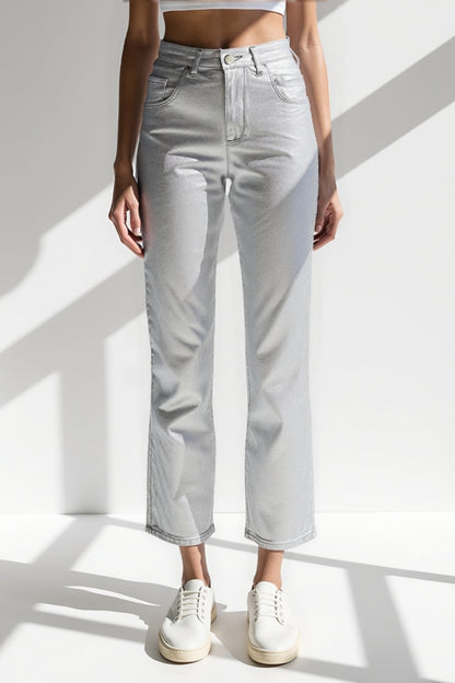 Jeans dritti argentati | Vita alta | Effetto lucido metallizzato