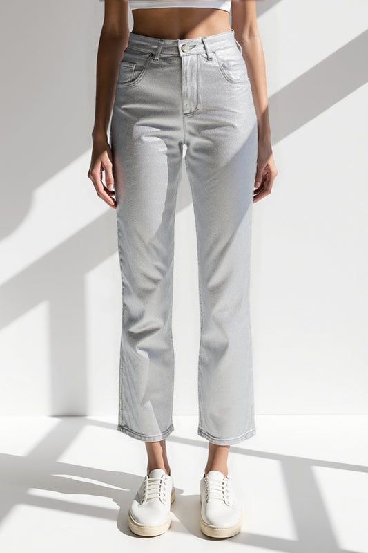 Jeans dritti argentati | Vita alta | Effetto lucido metallizzato