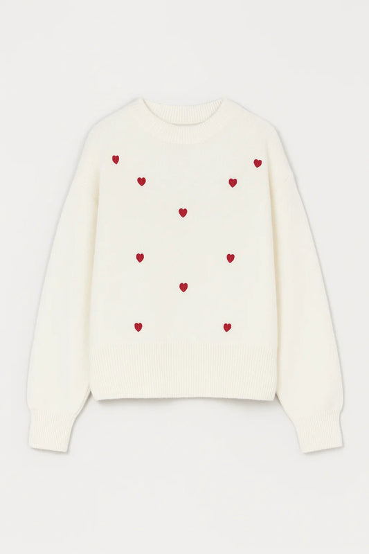 Maglione con piccoli cuori ricamati