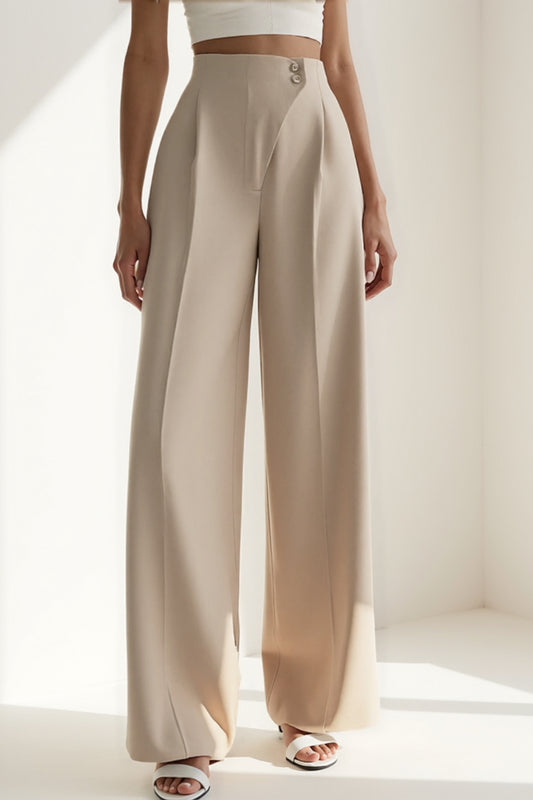 Pantalone a gamba larga in tessuto fluido | Vita alta | Chiusura con bottoni decorativi