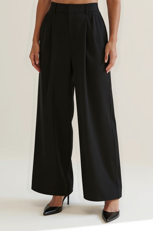 Pantalone elegante nero a gamba larga | Vita alta | Taglio sartoriale fluido