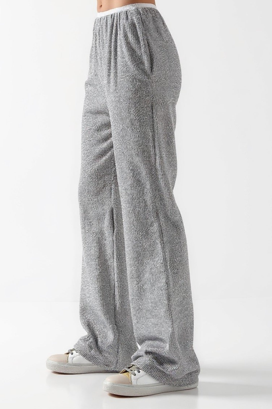 Pantalone grigio in maglia a coste | Vita elasticizzata | Taglio comodo