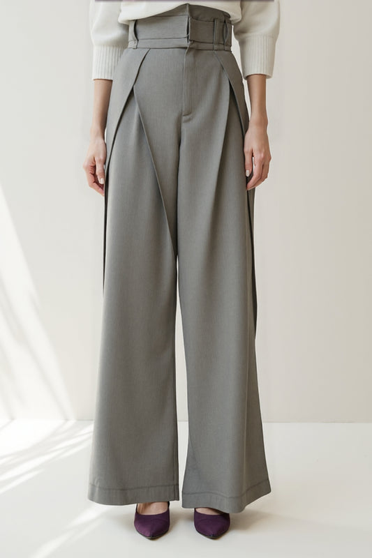 Pantalone grigio sartoriale a vita alta | Gamba larga | Dettagli a strati