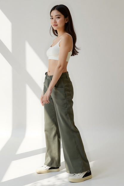 Pantaloni a gamba larga in cotone | Vita media | Stile casual con tasche arricciate