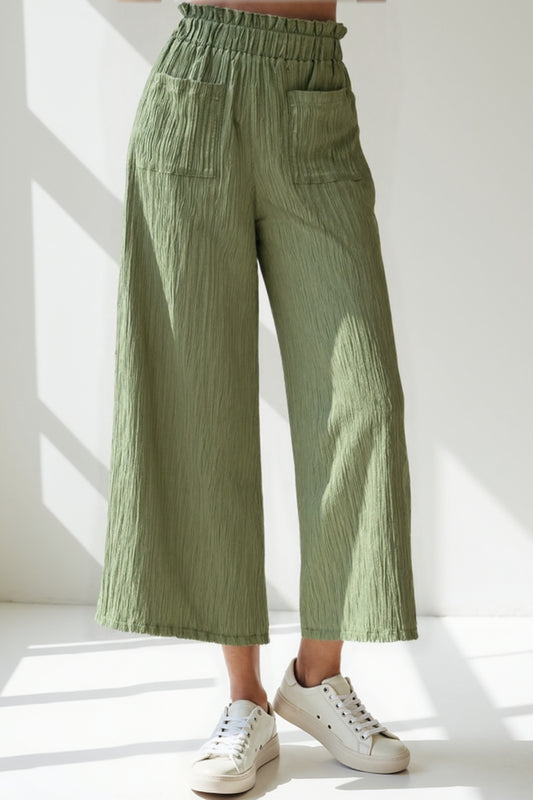 Pantaloni ampi in tessuto goffrato | Vita alta elasticizzata | Design leggero e arioso