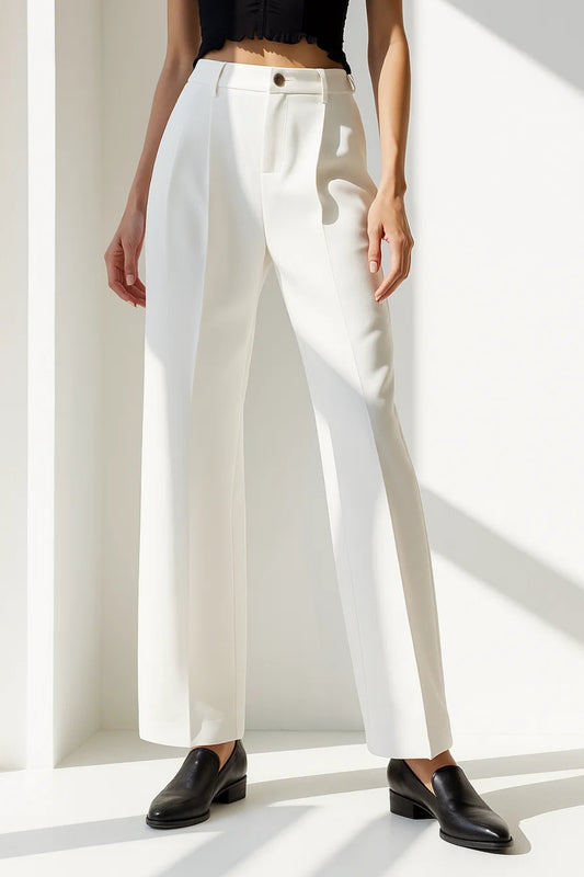 Pantaloni eleganti a gamba dritta | Bianco panna | Vita media