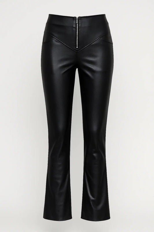 Pantaloni svasati effetto pelle con zip frontale