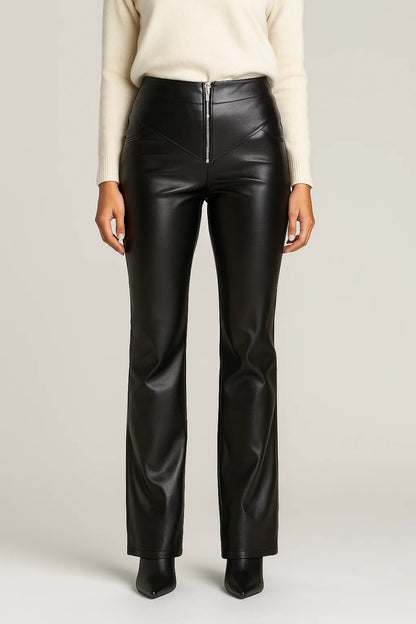 Pantaloni svasati effetto pelle con zip frontale