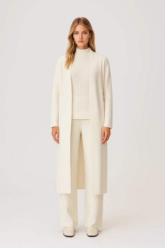 Set 3 pezzi coordinato con cardigan lungo, top a coste e pantaloni ampi