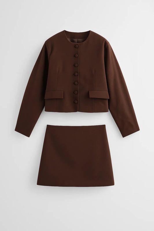 Set elegante con giacca strutturata e minigonna