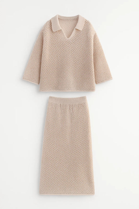 Set maglia traforata con colletto e gonna coordinata | Stile casual e raffinato