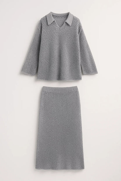 Set maglia traforata con colletto e gonna coordinata | Stile casual e raffinato