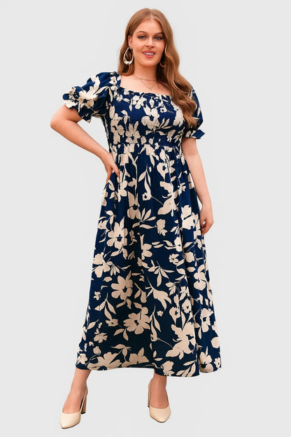 Vestito lungo con stampa floreale | Scollo quadrato e maniche a palloncino