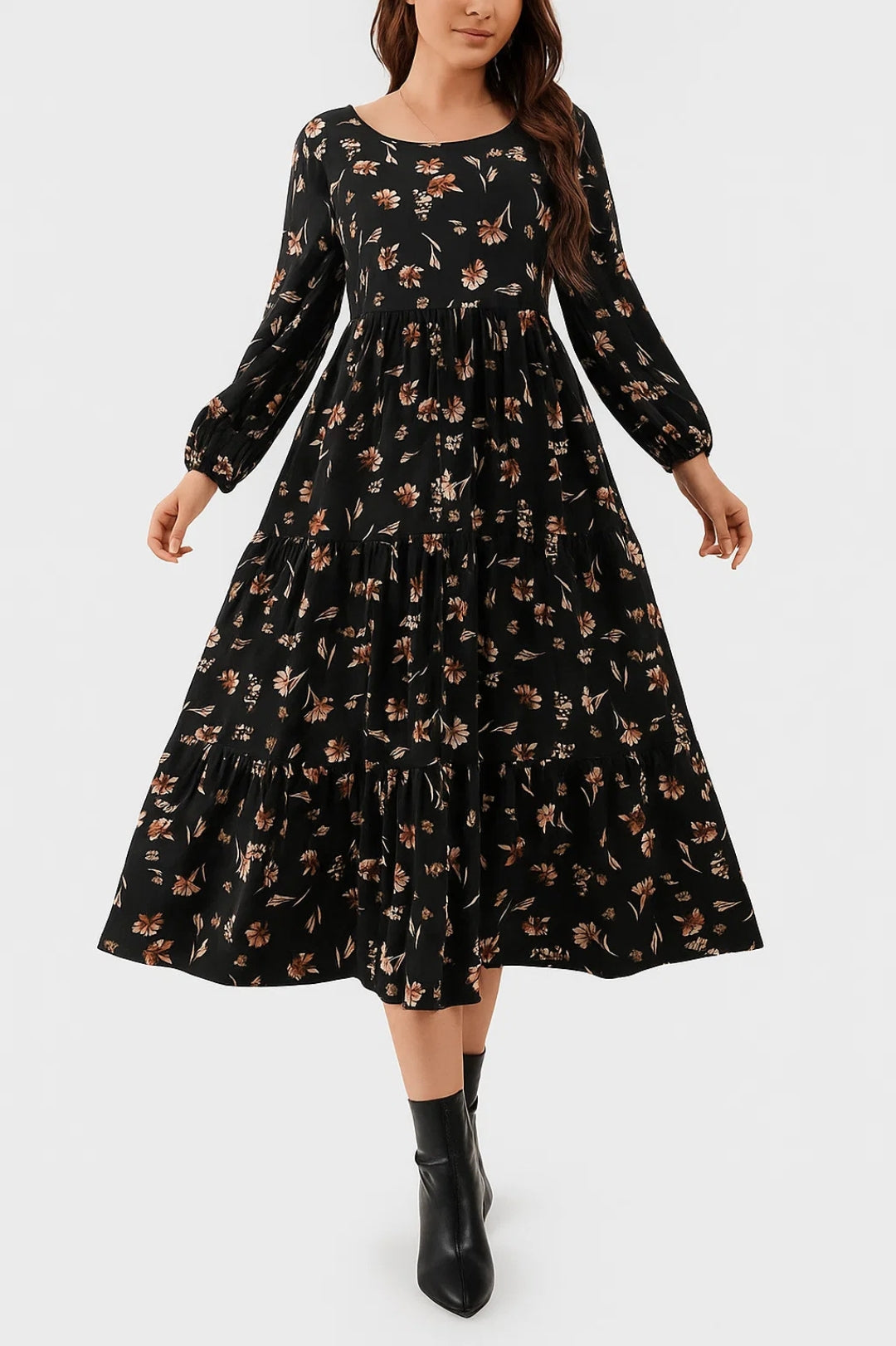 Vestito lungo con stampa floreale | Maniche lunghe e gonna ampia a balze