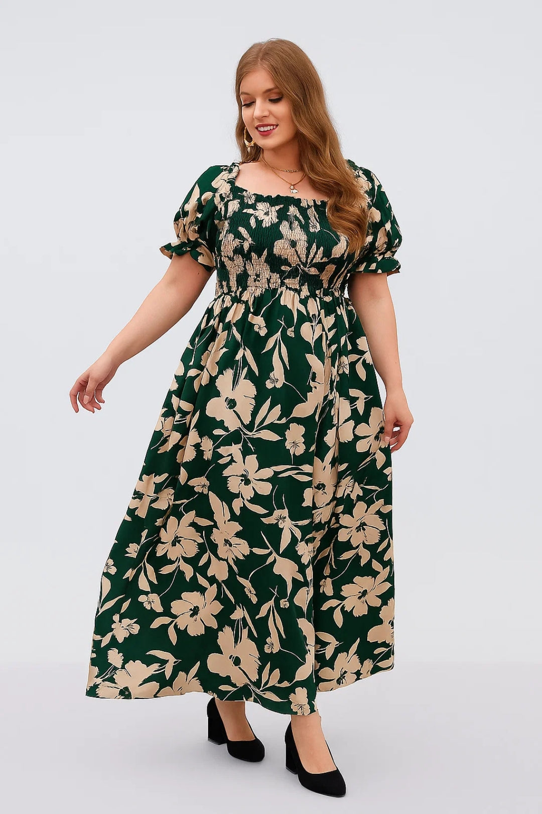 Vestito lungo con stampa floreale | Scollo quadrato e maniche a palloncino