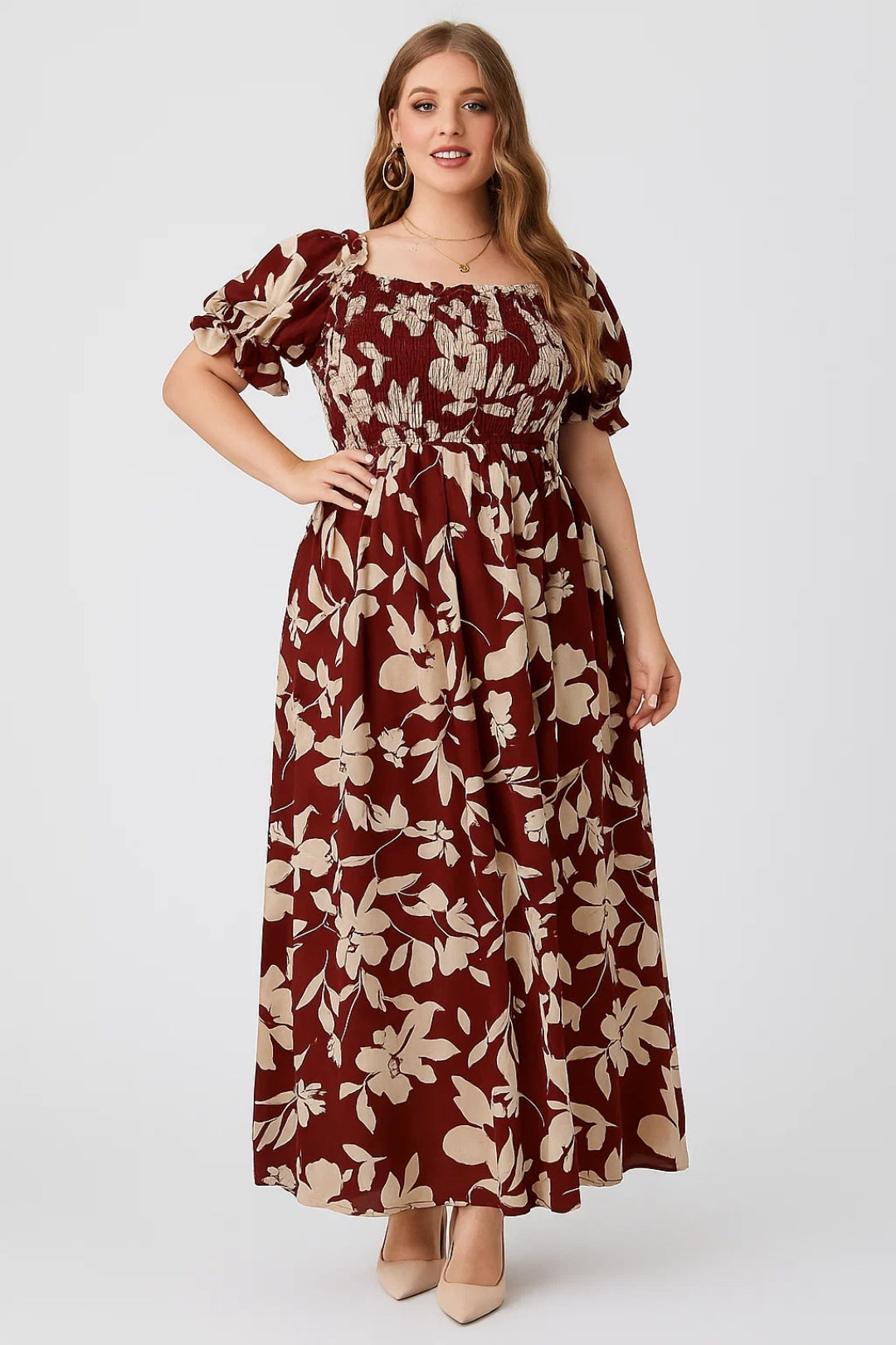 Vestito lungo con stampa floreale | Scollo quadrato e maniche a palloncino