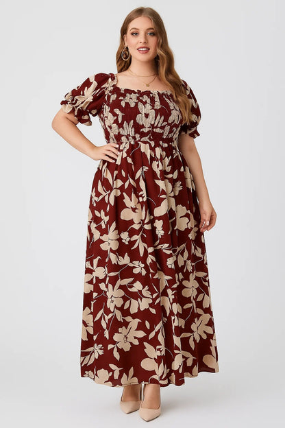 Vestito lungo con stampa floreale | Scollo quadrato e maniche a palloncino