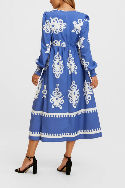 Vestito midi con stampa geometrica | Scollo a portafoglio e maniche lunghe