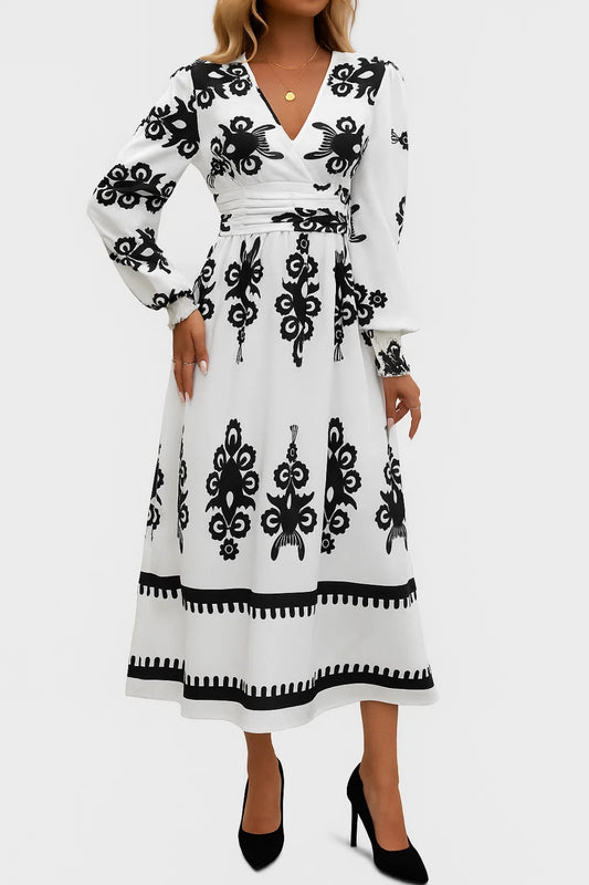 Vestito midi con stampa geometrica | Scollo a portafoglio e maniche lunghe