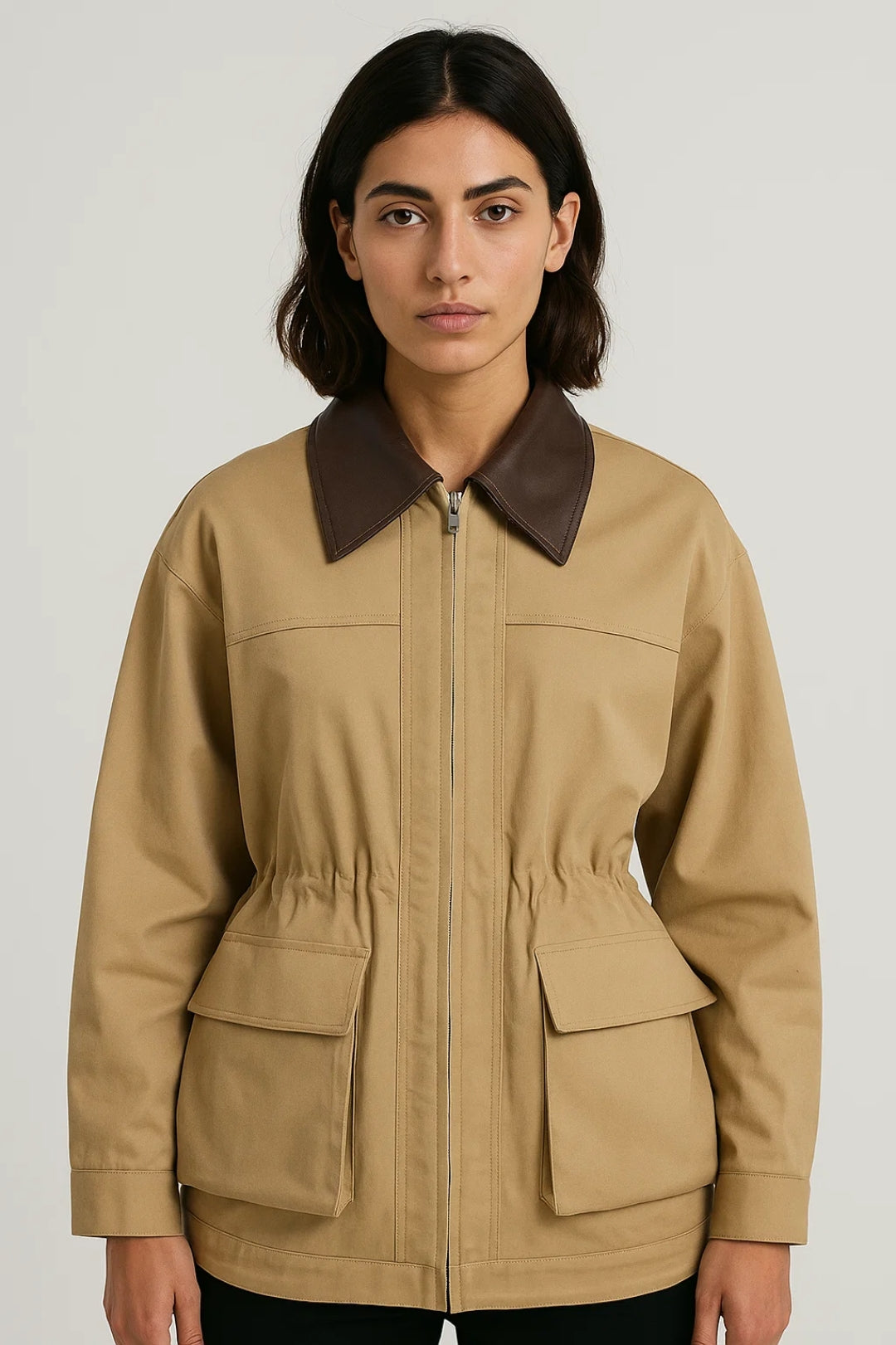 Giacca beige con colletto a contrasto e tasche applicate