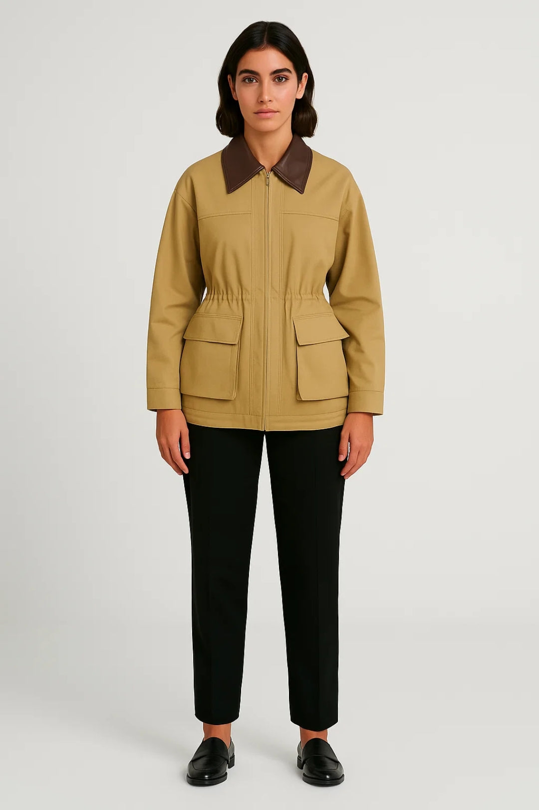 Giacca beige con colletto a contrasto e tasche applicate
