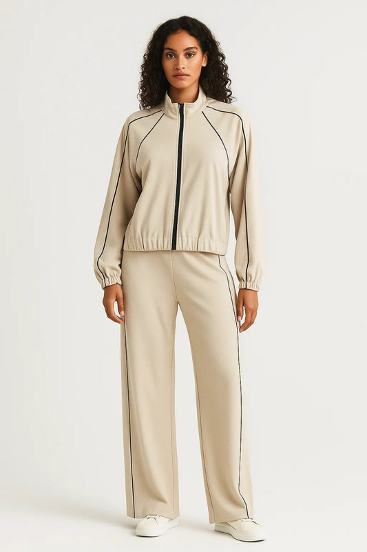 Completo sportivo beige | Giacca con zip e pantaloni ampi | Comfort quotidiano