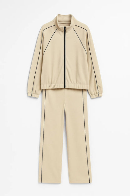 Completo sportivo beige | Giacca con zip e pantaloni ampi | Comfort quotidiano