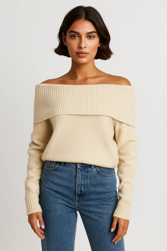 Maglione con spalle scoperte | Collo ampio a coste | Elegante e femminile