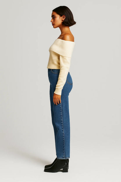 Maglione con spalle scoperte | Collo ampio a coste | Elegante e femminile