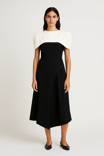 Abito Midi Bicolore | Nero e Bianco | Taglio Asimmetrico Elegante
