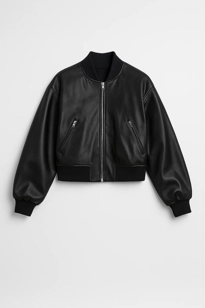Bomber corto in ecopelle nera | Stile urbano con zip