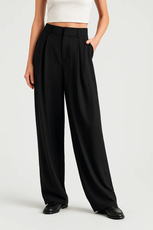 Pantalone elegante nero a gamba larga | Vita alta | Taglio sartoriale fluido