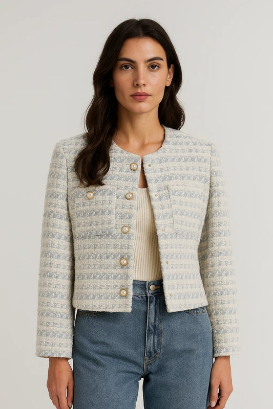 Giacca corta in tweed con bottoni decorativi | Collo tondo | Stile elegante e femminile